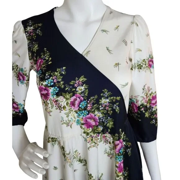 VTG 70s Piccolo Floral Border Print Midi Dress Boho Cottagecore Romantic V-Neck - Picture 5 of 7